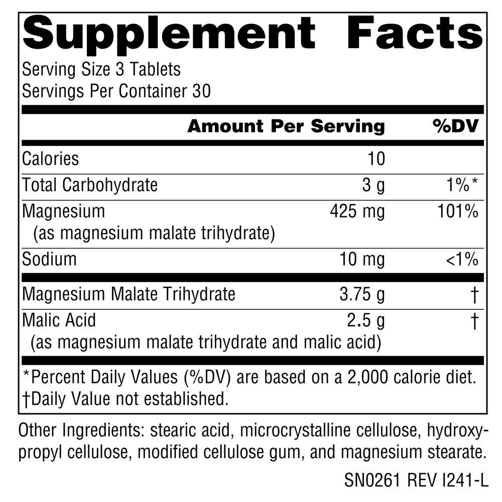 Magnesium Malate 1250 mg Supplement Facts Label