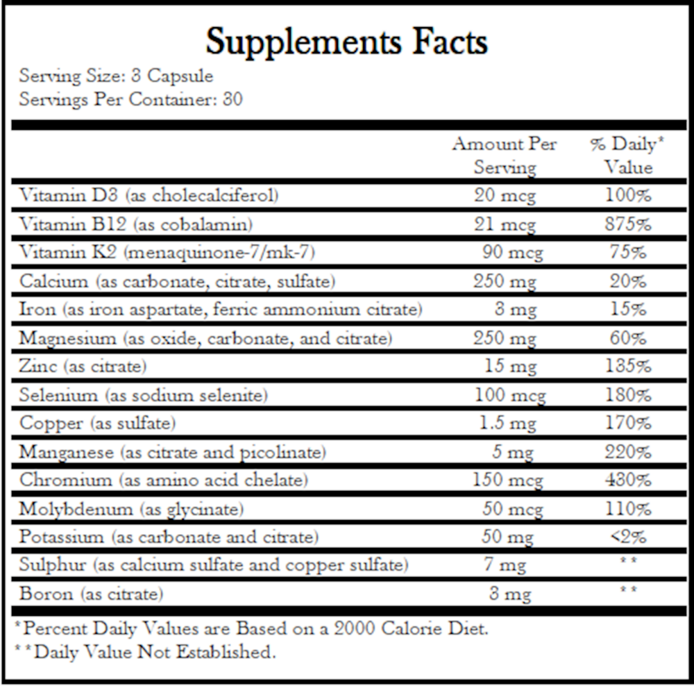 Comprehensive Minerals Supplement Facts Label