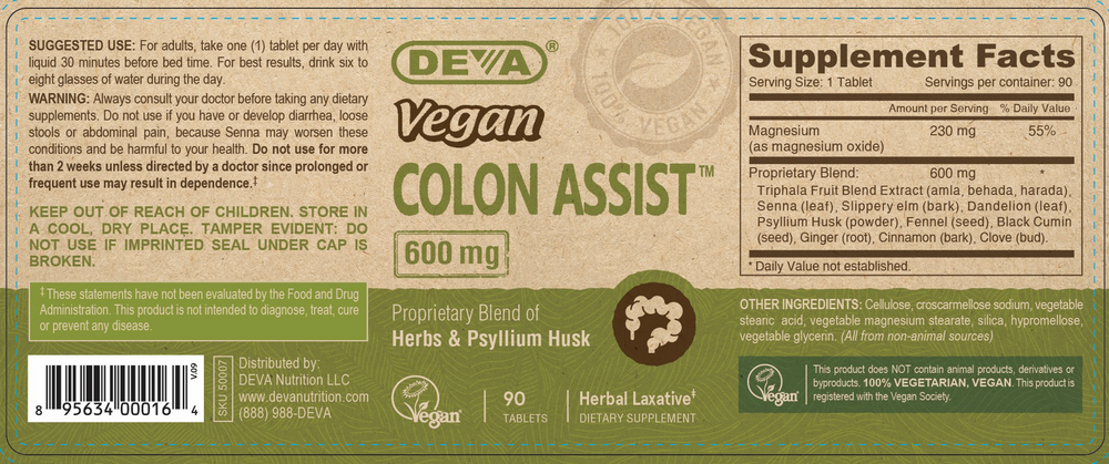 Vegan Colon Assist Supplement Facts Label