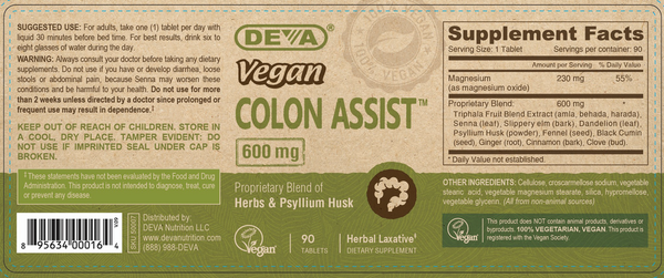 Vegan Colon Assist Supplement Facts Label