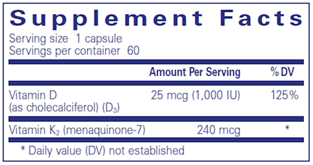 PureHeart K2D Supplement Facts Label