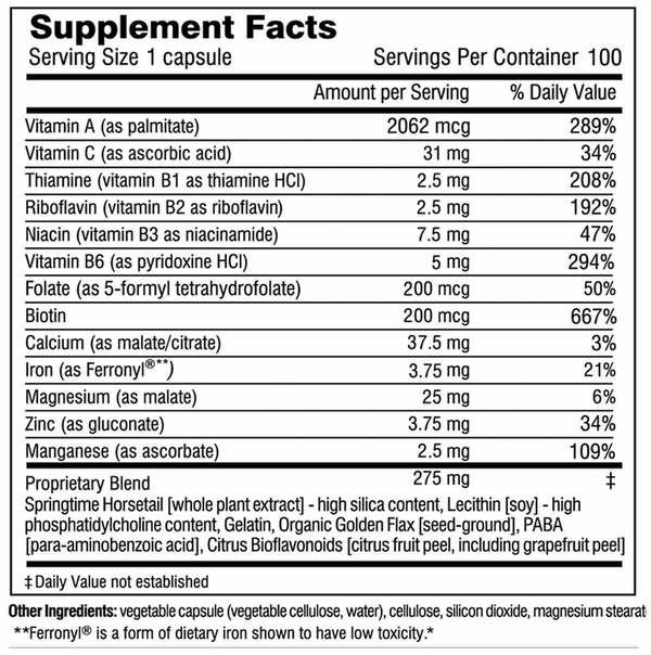 Hair Skin and Nails Plus Formula Supplement Facts Label