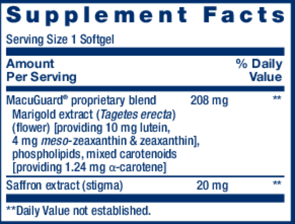 MacuGuard® Ocular Support with Saffron Supplement Facts Label