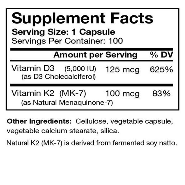 Vitamin D3 5000 Plus Natural MK-7 Supplement Facts Label