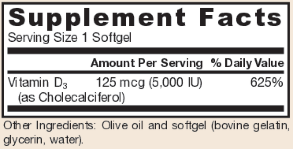 Vitamin D3 5000 IU Supplement Facts Label