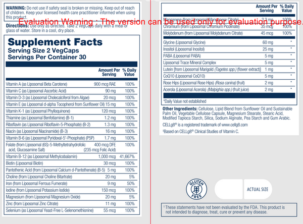Liposomal Universal MultiVitamin Supplement Facts Label