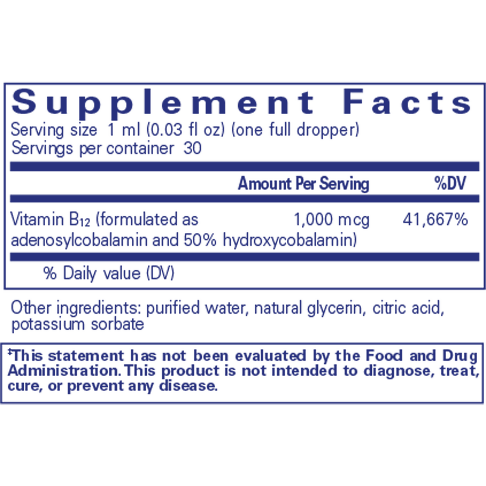 Adenosyl/Hydroxy B12 LIQUID Supplement Facts Label