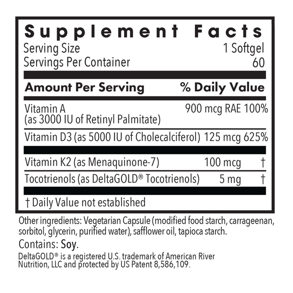 Vitamin D3 Complete 5000 High Potency with A and K2 Supplement Facts Label