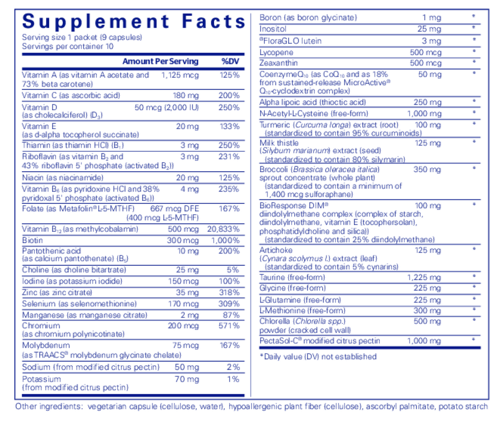 UltraDetox 10-Day Pure Pack Supplement Facts Label