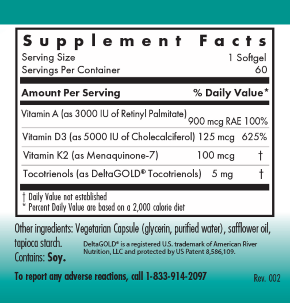 Vitamin D3 Complete 5000 Daily Balance with A and K2 Supplement Facts Label