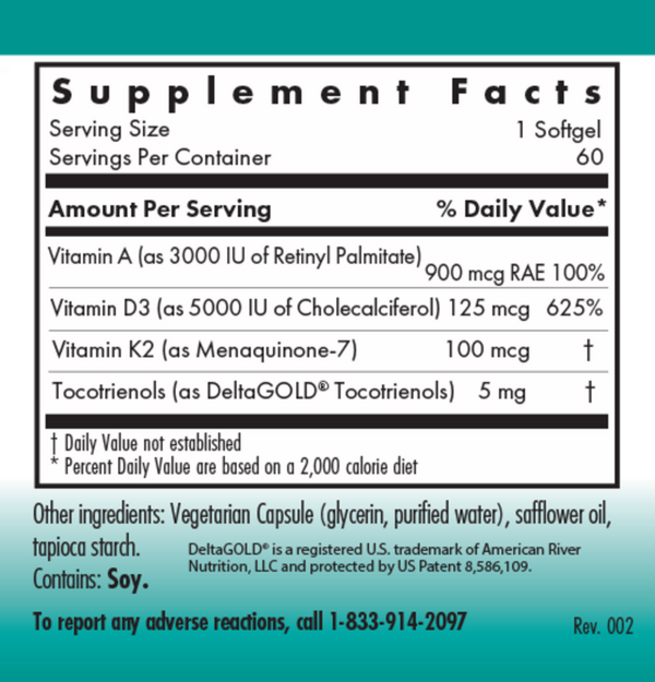 Vitamin D3 Complete 5000 Daily Balance with A and K2 Supplement Facts Label