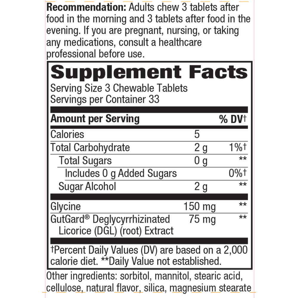DGL Deglycyrrhizinated Licorice Sugar Free Supplement Facts Label