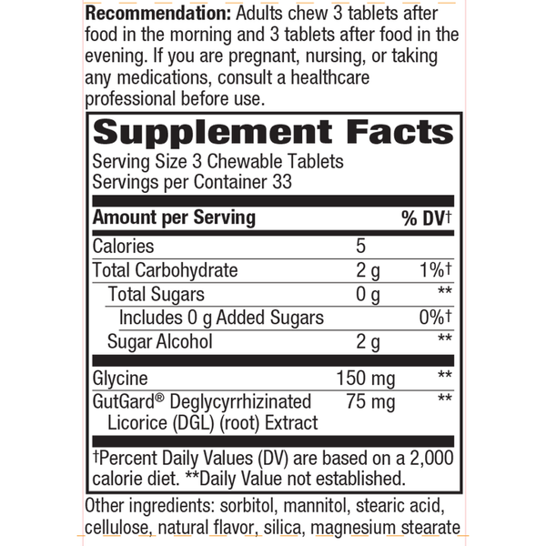 DGL Deglycyrrhizinated Licorice Sugar Free Supplement Facts Label