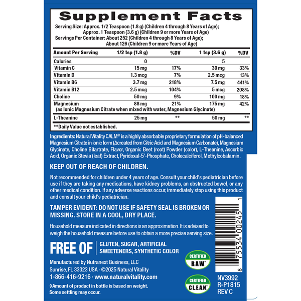 Calm Kids Mixed Berry Powder Supplement Facts Label