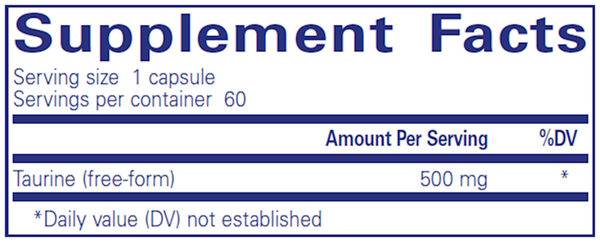 Taurine 500 Mg. 60's Supplement Facts Label
