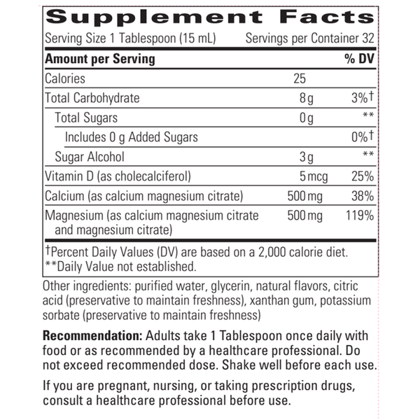 Liquid Calcium / Magnesium 1:1 Berry Flavor 16oz Supplement Facts Label