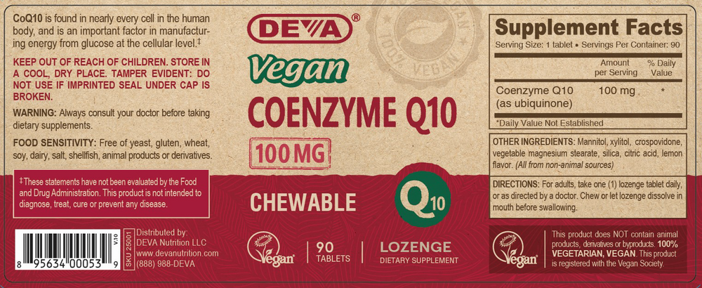 Vegan Coenzyme Q10 100 mg Supplement Facts Label