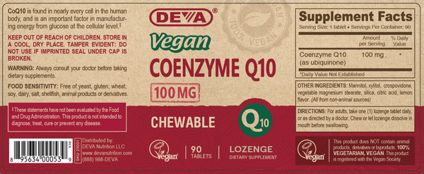 Vegan Coenzyme Q10 100 mg Supplement Facts Label