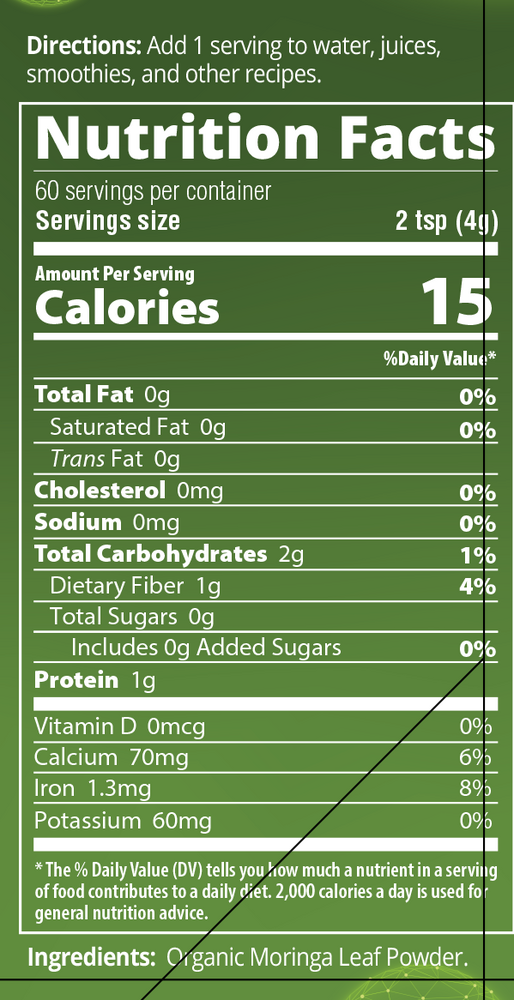 Raw Organic Moringa Leaf Powder Supplement Facts Label