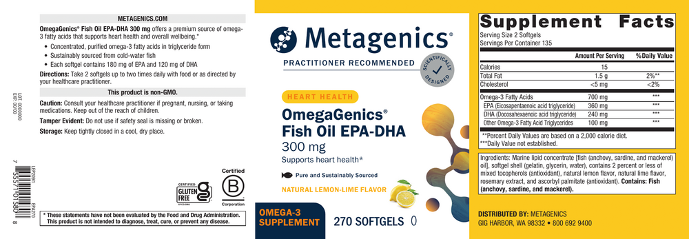 OmegaGenics EPA-DHA 300 Supplement Facts Label