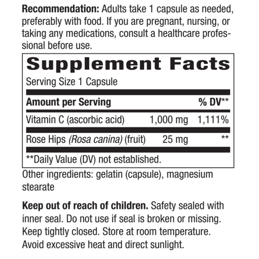 Vitamin C 1,000 with Rose Hips 100 capsules Supplement Facts Label