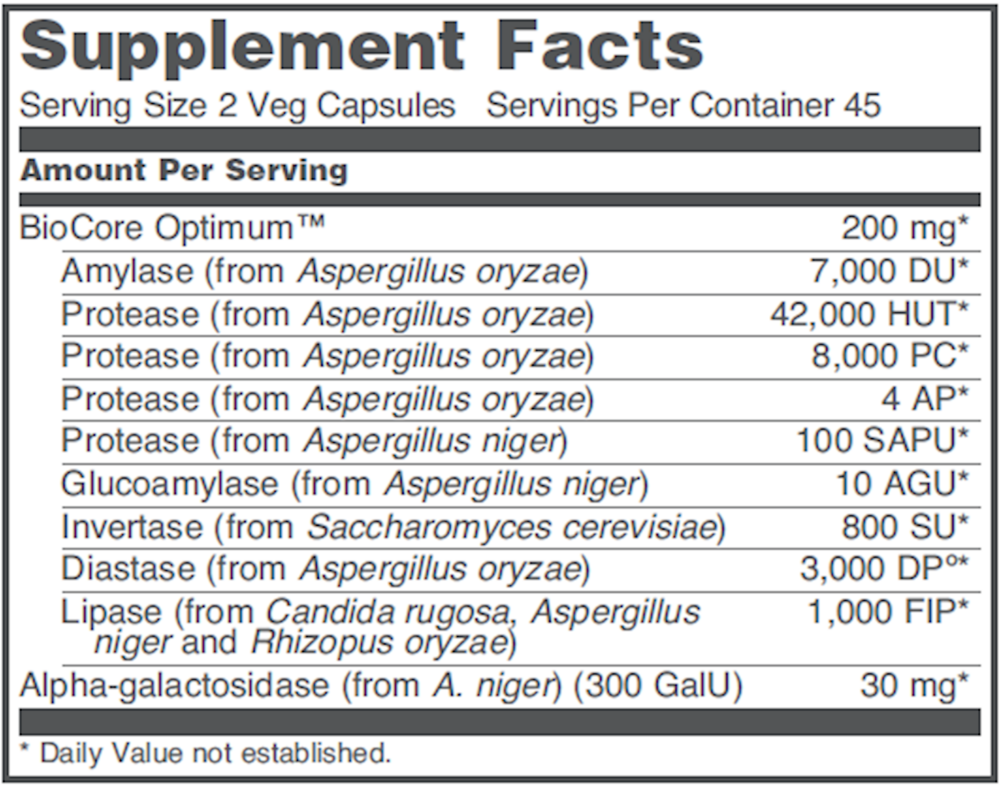 BioCore Enhanced Enzymes Supplement Facts Label