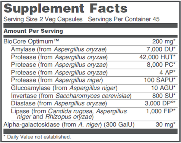 BioCore Enhanced Enzymes Supplement Facts Label