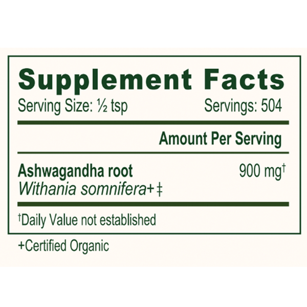 Ashwagandha (Certified Organic) Supplement Facts Label