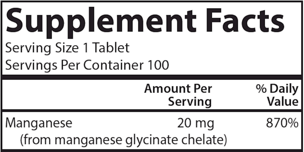 Chelated Manganese 20 mg Supplement Facts Label