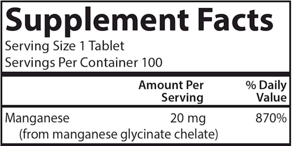 Chelated Manganese 20 mg Supplement Facts Label