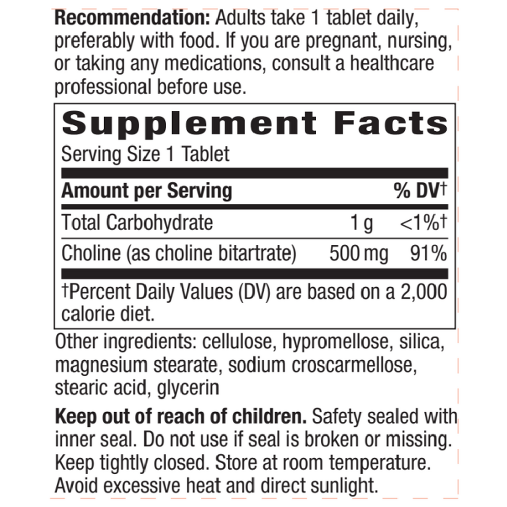 Choline 100 tabs Supplement Facts Label