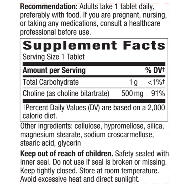 Choline 100 tabs Supplement Facts Label