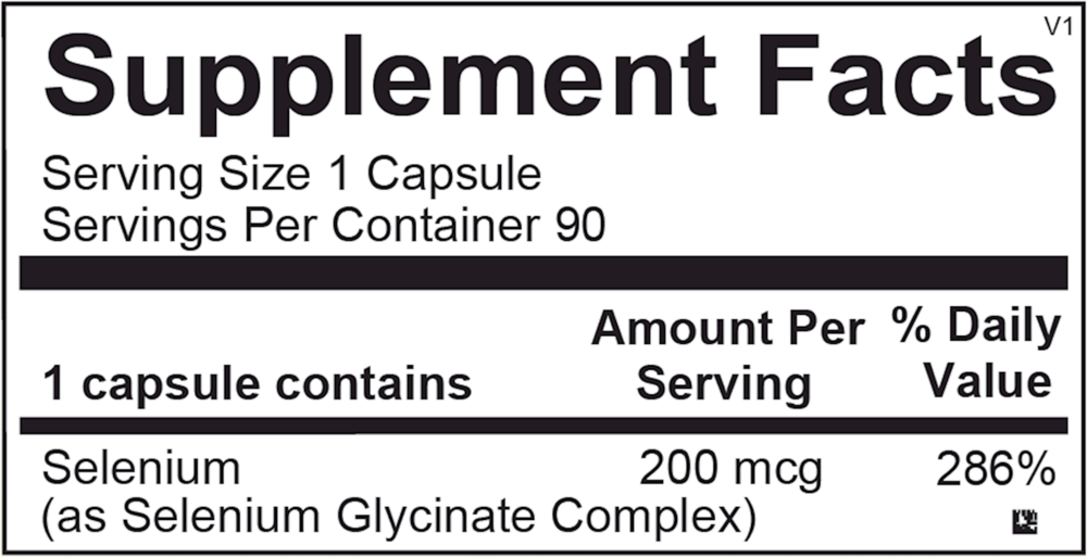Reacted Selenium Supplement Facts Label