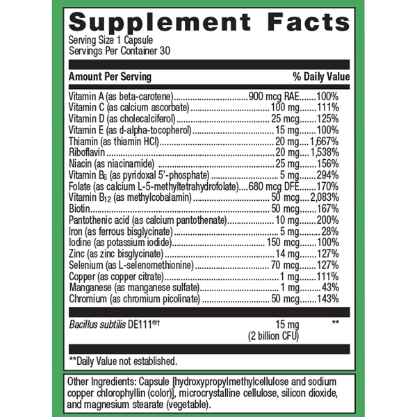 UltraFlora Probiotic + Multivitamin Supplement Facts Label