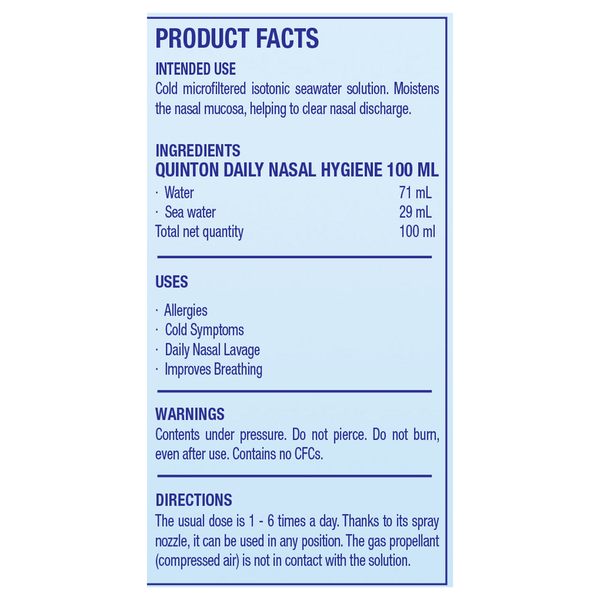 Quinton® Isotonic Daily Nasal Spray Supplement Facts Label