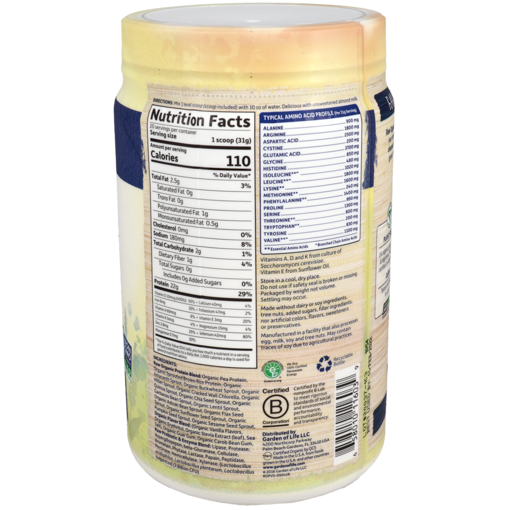 RAW Organic Protein - Vanilla Supplement Facts Label
