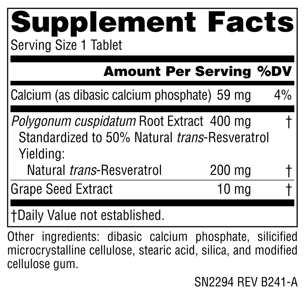 Resveratrol 200 Supplement Facts Label