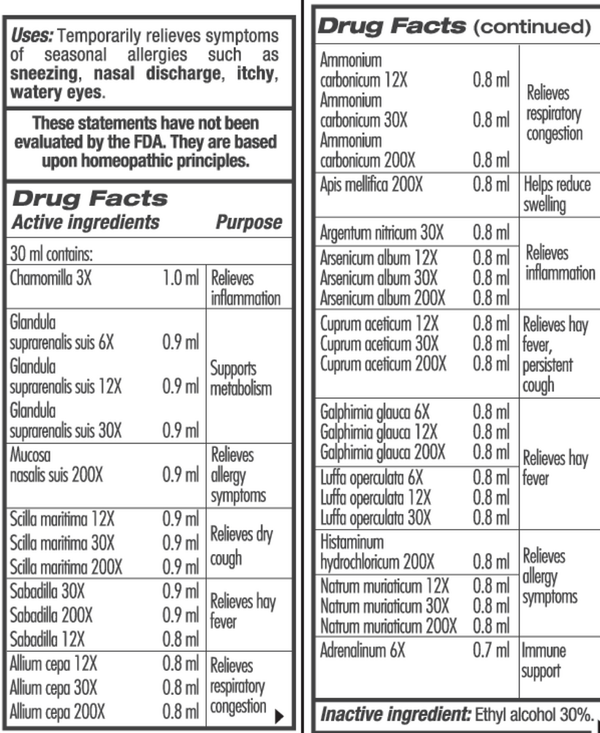 Guna Allergy Oral Drops Supplement Facts Label