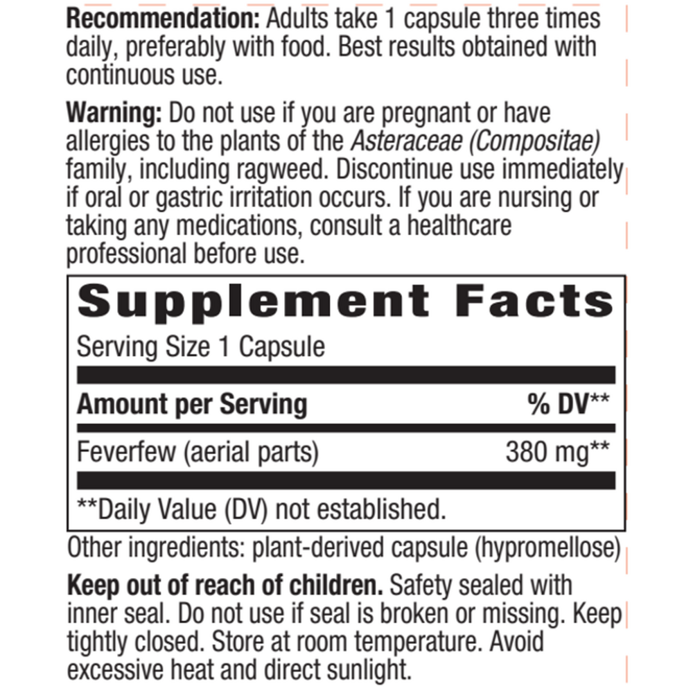 Feverfew veg capsules Supplement Facts Label