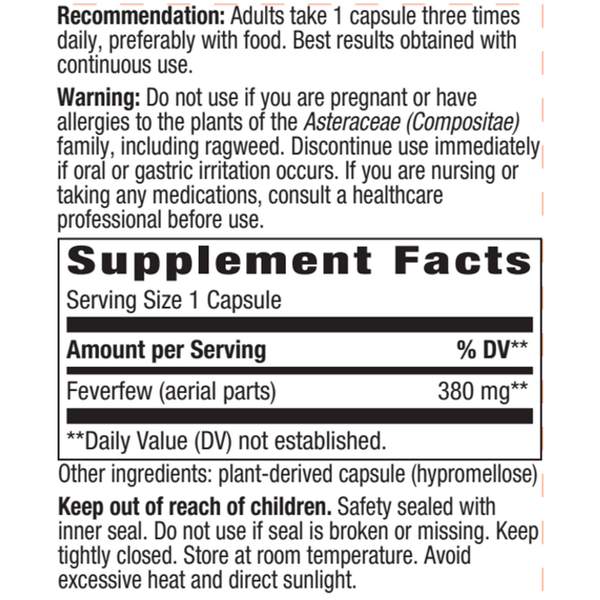 Feverfew veg capsules Supplement Facts Label