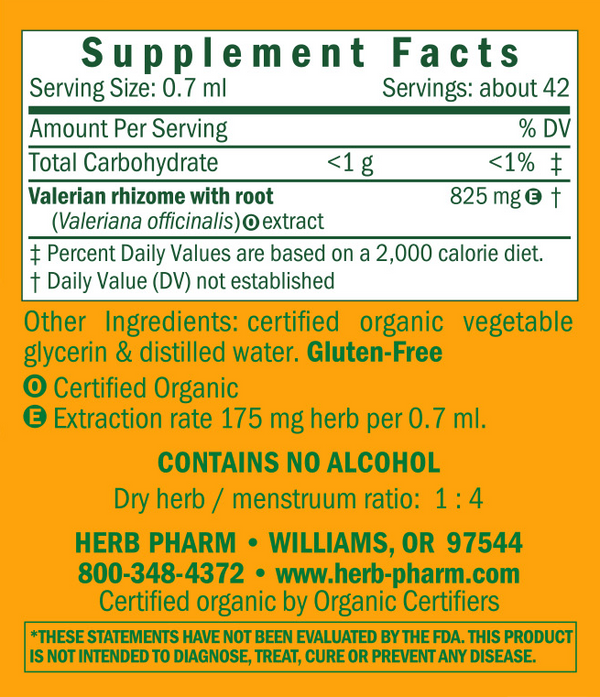 Valerian/Valeriana Officinalis Alcohol-Free Supplement Facts Label