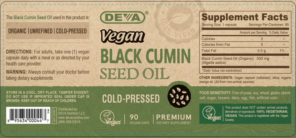 Vegan Black Cumin Seed Oil Supplement Facts Label