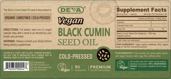 Vegan Black Cumin Seed Oil Supplement Facts Label