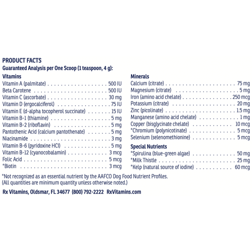 Rx Essentials for Dogs Powder Supplement Facts Label