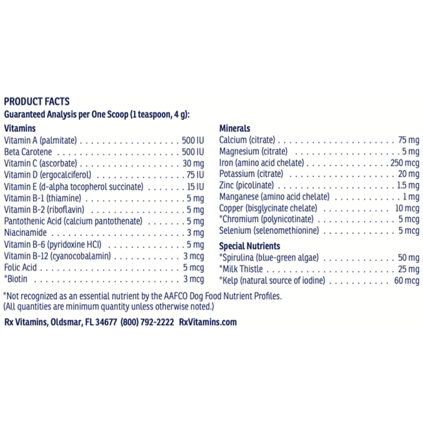 Rx Essentials for Dogs Powder Supplement Facts Label