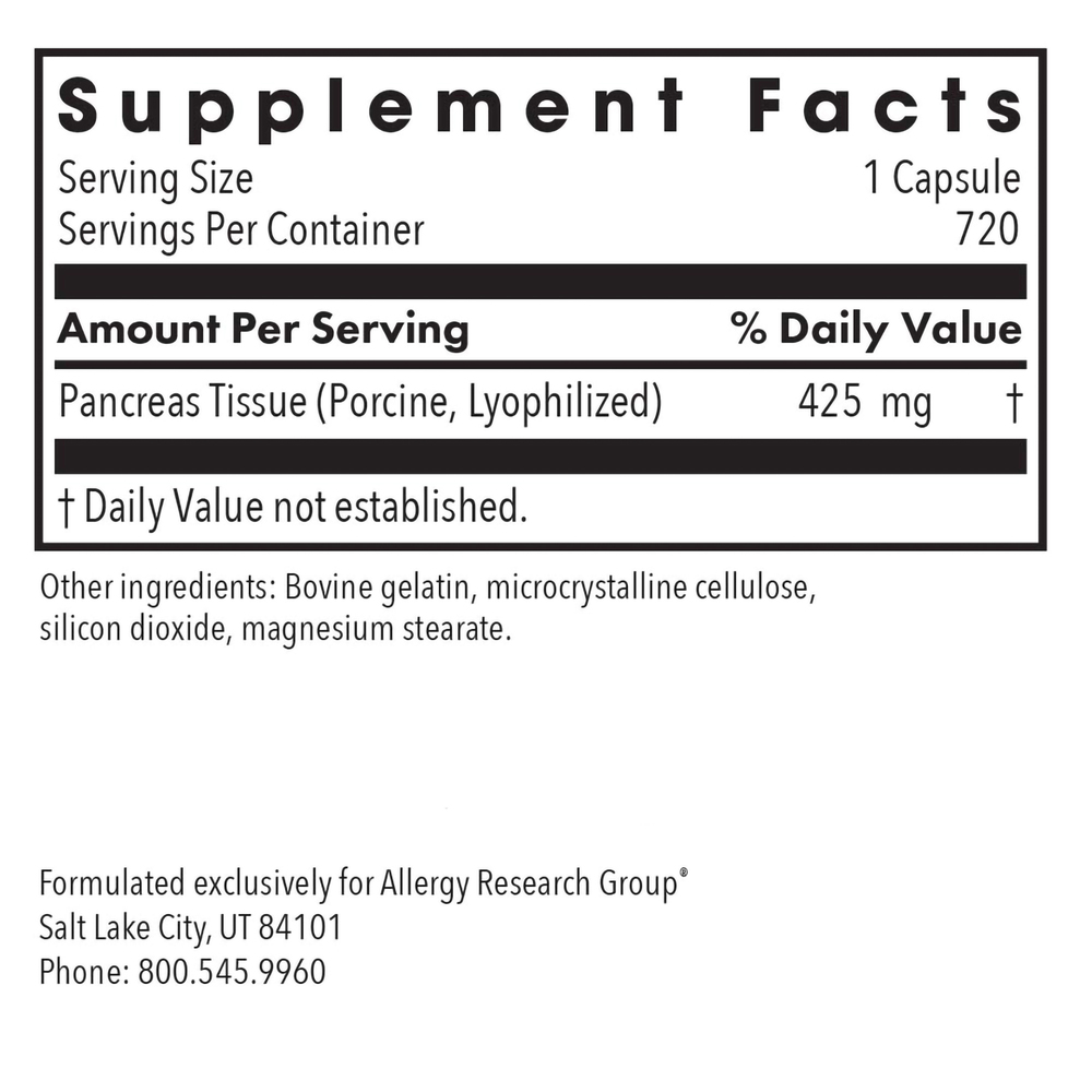 Pancreas Pork Vegie Capsules Supplement Facts Label