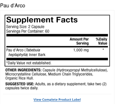 Pau D'Arco Supplement Facts Label