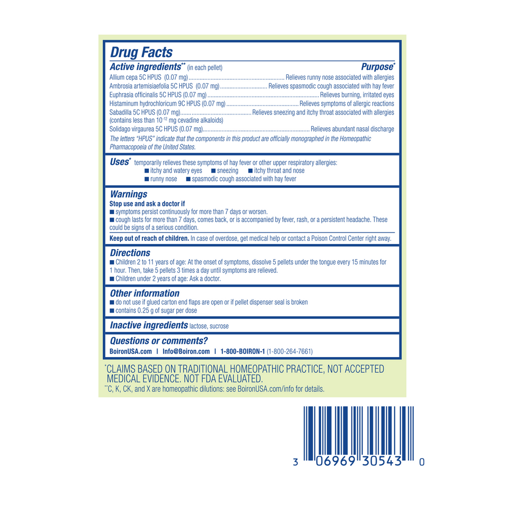 AllergyCalm Kids Pellets Supplement Facts Label
