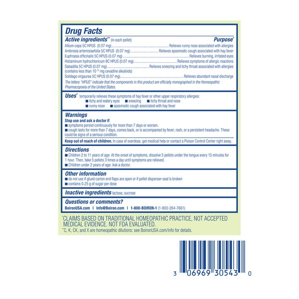 AllergyCalm Kids Pellets Supplement Facts Label