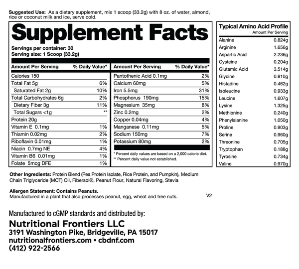 Super Shake Peanut Butter Supplement Facts Label